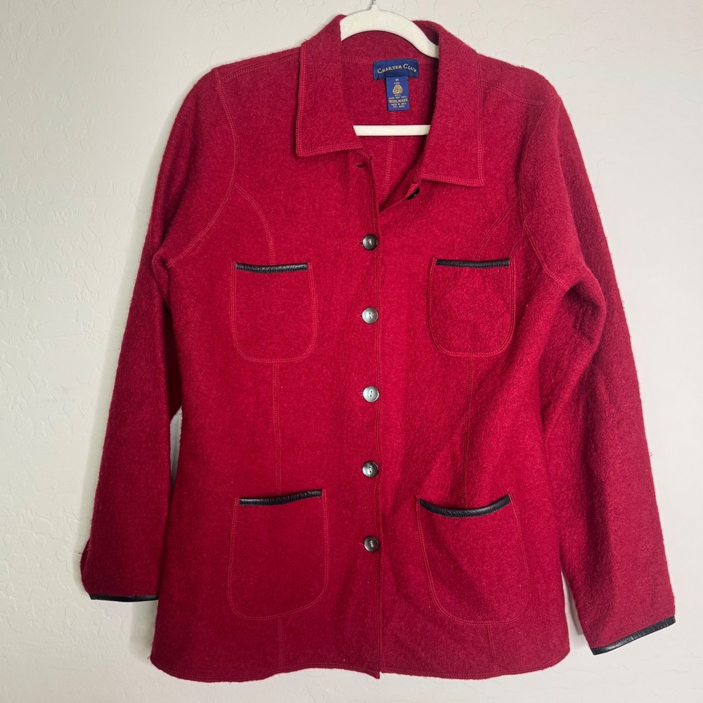 Charter Club Womens‎ 100% Wool Jacket M Red Boiled Wool Leather Trim Pocket VTG